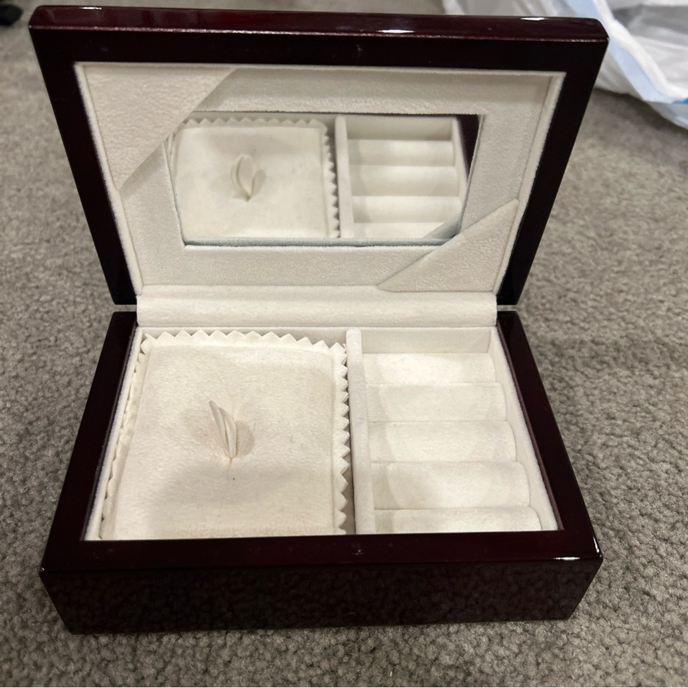 Vintage Cherry Wood Clamshell Travel Jewelry Box with Mirror
